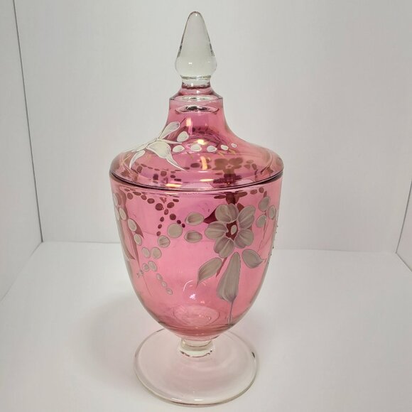 Cranberry Style Glass Lidded Candy Jar with White Hand-Painted Detail - Picture 4 of 9